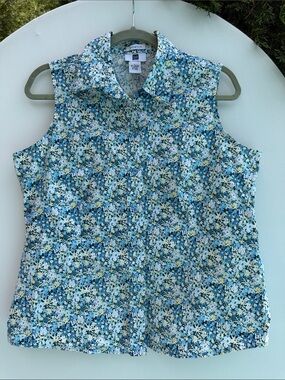 GAP Blue yellow Floral Sleeveless Button-Front stretch top shirt flowered EUC
